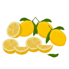 Collection of ripe lemons and cut slices, on a white background.