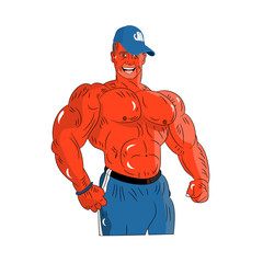 Strong tanned man macho in a cap, cartoon on a white background.