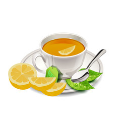 A cup of lemon tea and slices of lemon, on a white background.