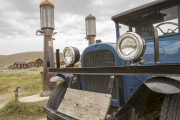 Hood of vintage truck at gasoline pumps, Bodie