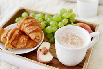 Croissant Coffee Cup Grapes Cheese Peach Ham Nuts Kinfolk Cotton White Background Fruits Grapes Cheese Peach Nuts Breakfast Concept Top View Cotton Organic Juice