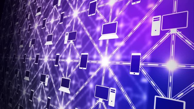 Animation of computer network between desktop pc, Laptop, smartphone, etc. Internet technology concept.