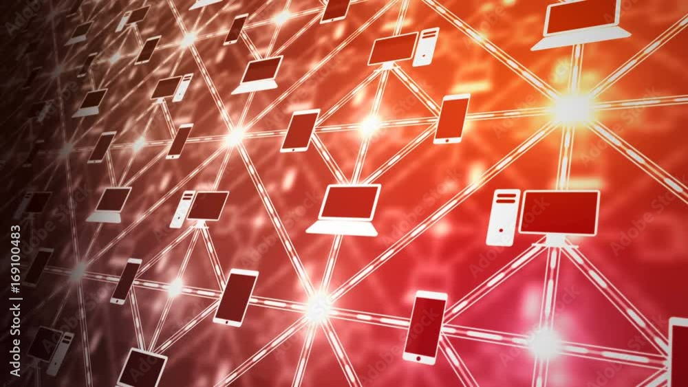 Poster computer network animation with internet signals between desktop pcs, laptops, smartphones, etc. int