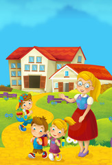 Cartoon nature scene with children on the trip to school - illustration for children