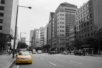 Street view with yellow taxi in south korea