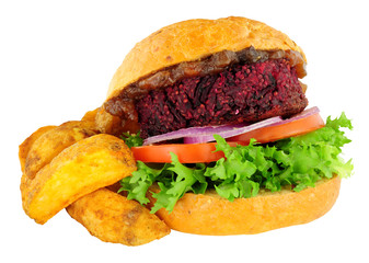 Vegan beetroot burger with salad in a crusty bread roll
