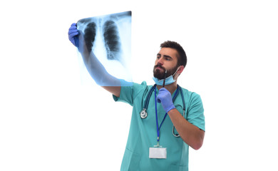 science, chemistry, biology, medicine and people concept - doctors holding x-rays and analyzing