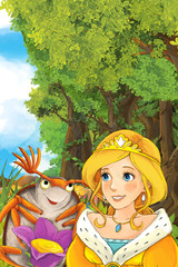 Obraz na płótnie Canvas cartoon fairy tale scene with a young princess in the forest talking to happy gib colorful bug sitting on a flower - illustration for children