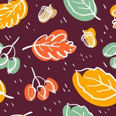 Autumn seamless pattern with acorn,leaves and berries.