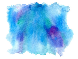 Blue and violet watery illustration. Abstract watercolor hand drawn image.Wet splash.White background.