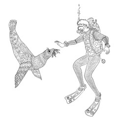 Fototapeta premium Underwater diver in zentangle style.