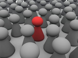Stand out from the crowd - Symbolic 3D render of a red figurine in a grey crowd