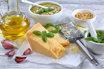 fresh ingredients for green sauce pesto