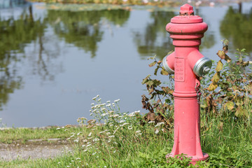 Fototapeta na wymiar Hydrant mit Feuerlöschteich im Hintergrund
