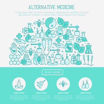Alternative medicine concept in half circle with thin line icons. Vector illustration of banner, print media or web site for yoga, acupuncture, wellness, ayurveda, chinese medicine, holistic center.
