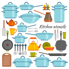 Kitchen utensils flat icons set. Vector illustration.