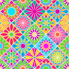 Seamless pattern with decorative colorful tiles. Bright ornamental rhombus. Vector illustration.