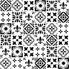Geometric vector tile design, Portuguese or Spanish seamless black and white tiles, Azulejos pattern - obrazy, fototapety, plakaty