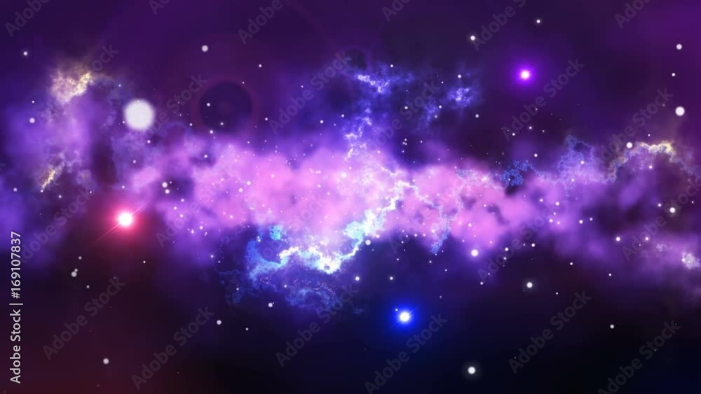Poster abstract flying in outer space between stars with abstract nebula background.