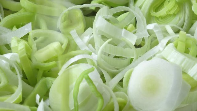 Fresh leek slices in a pan,selective focus. Detail of leek slices. 
