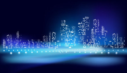 The view on the city at night. Vector illustration.