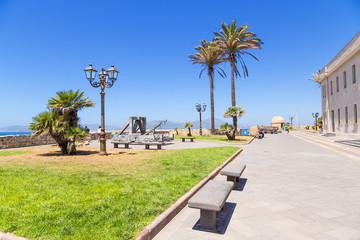Alghero, Sardinia, Italy. Ancient catapult on the waterfront