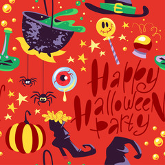 Vector seamless Halloween pattern with magic traditional elements isolated - with hat, pumpkin, bat, stars, spooky, lettering etc. Good for advertising, media, cards design, packaging paper. 