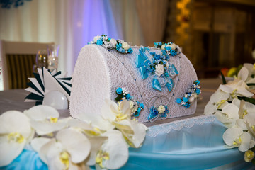 Beautiful decorated wedding restaurant for marriage. Colorful decoration for celebration. Beauty bridal interior. Concept of style of banquet hall