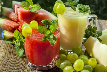Watermelon and melon smoothies. Pieces of watermelon and melon. close-up