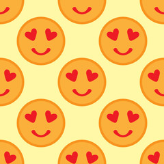 Cute seamless pattern with round smileys. Smiling faces with hearts.