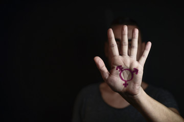 transgender symbol in the palm of the hand - obrazy, fototapety, plakaty