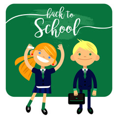 back to school, two students, schoolchild, cute boy and girl in the form of a white background. Vector illustration of a flat design, element, congratulation cards, banners and flyers.