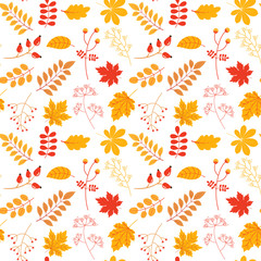 Fototapeta na wymiar Autumn vector seamless pattern with colorful leaves and twigs in yellow and red colors for textile, clothing and paper design