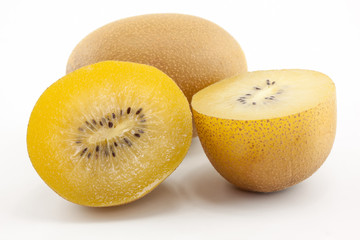 SunGold kiwi fruit slices on white background