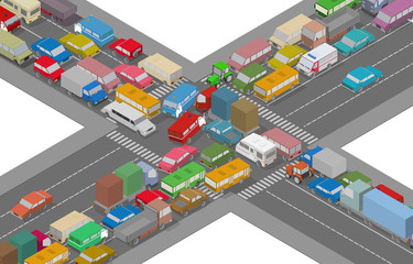 Traffic Jam. Isometric Cars and Houses for Illustration Of Busy Road.
