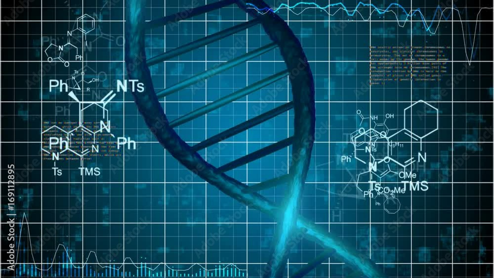 Aufkleber abstract dna strand with science grid background and chemical or physical formulas.