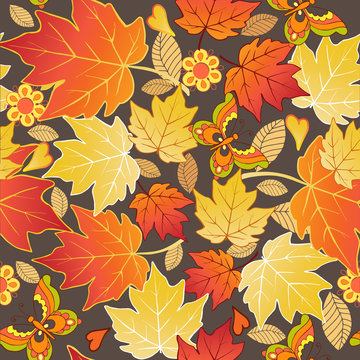 Seamless pattern with colorful autumn leaves and butterflies. Vector illustration