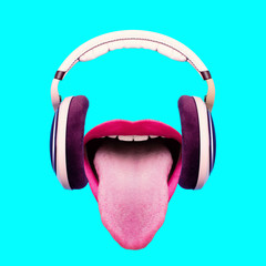 Listen to funny music. Headphones and crazy mouth. Minimal art design