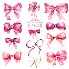 Set of watercolor pink bows, hand painted isolated on a white background