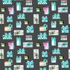 Seamless pattern with watercolor green boxes, hand painted on a dark background