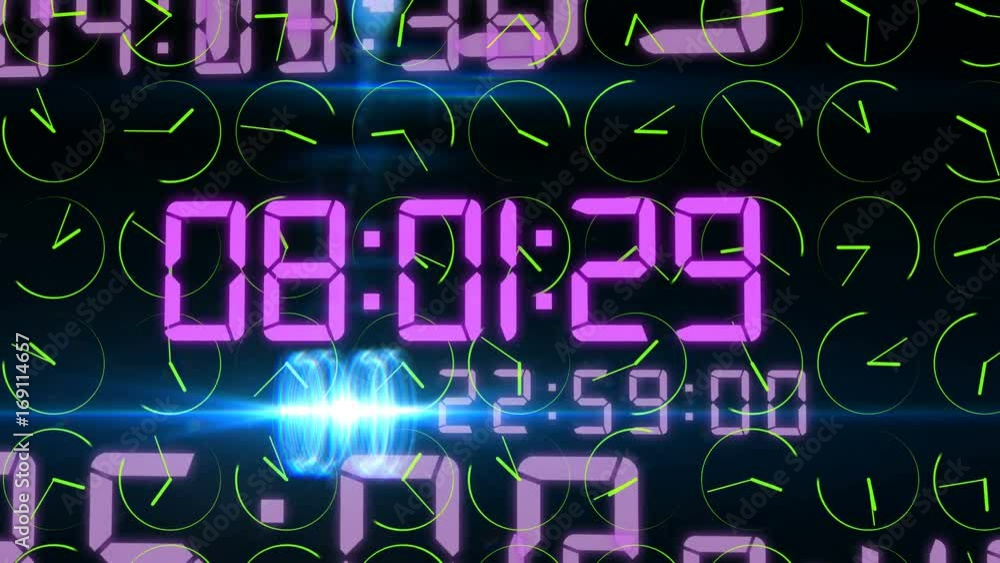 Poster digital 3d rendering of the time concept with frenzy electronic decimal figures in light violet colo