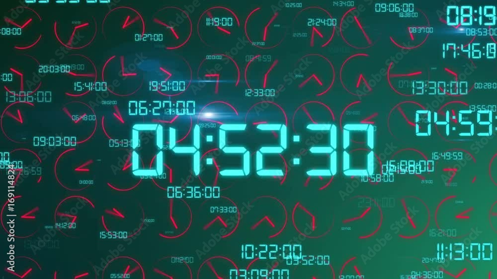 Poster Futuristic  3D rendering of the time concept with crazily moving electronic decimal figures in light green color in the green background with rapidly rotating red clock arrows