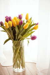 Fresh bouquet of tulips in vase, beautiful morning full of love.