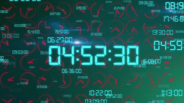 Futuristic  3D rendering of the time concept with crazily moving electronic decimal figures in light green color in the green background with rapidly rotating red clock arrows