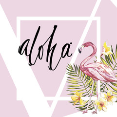 Banner, poster with flamingo, palm leaves, jungle leaf. Beautiful vector floral tropical summer background. Lettering composition - Aloha. EPS 10