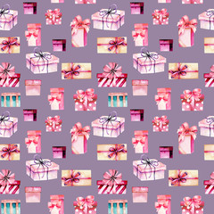 Seamless pattern with watercolor pink gift boxes, hand painted on a purple background