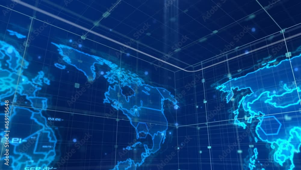 Poster 3d rendering of the digital news map, which turns around inside some light blue cube full of dots an