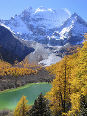 Xiannairi mountain in Yading National Nature Reserve, with lake and golden leaves in autumn