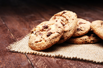 Chocolate chip cookies on table freshly baked