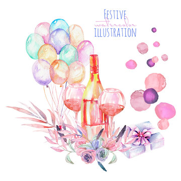 Holiday illustration with watercolor gift box, air balloons, champagne bottle, wine glasses and floral elements in pink and purple shadows, hand painted on a white background
